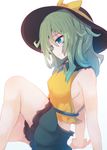  adapted_costume arm_support bare_shoulders beni_shake black_hat blue_eyes bow breasts from_side green_hair green_skirt hat hat_bow heart komeiji_koishi medium_breasts short_hair sideboob simple_background sitting skirt sleeveless solo sweat touhou white_background yellow_bow 