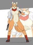  a-side anthro balls boots canine clothed clothing footwear fox fox_mccloud fur gloves gun half-dressed jacket looking_at_viewer male mammal muscles navel nintendo pecs penis ranged_weapon smile solo standing star_fox teeth uncut video_games weapon 