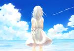  asami_yutori back bow cloud condensation_trail day dress long_hair original outdoors sky solo standing water white white_dress white_hair 