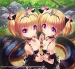  bikini_top blonde_hair breasts character_request choker company_name copyright_name crystal gem holding_hands jewelry kankurou lace lace_choker lamia looking_at_viewer monster_collection monster_girl multiple_girls official_art purple_eyes ribbon short_hair siblings sisters skirt small_breasts smile tail tiara twins twintails 