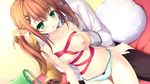  1boy 1girl alia&#039;s_carnival! alia's_carnival! blush breast_grab breasts brown_hair censored game_cg grabbing green_eyes hair_ribbon indoors koikawa_shiho nanao_naru nipples open_mouth panties ribbon twintails underwear 