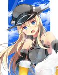  bare_shoulders beer_mug bismarck_(kantai_collection) blonde_hair blue_eyes blush breastplate breasts cup detached_sleeves gloves hat holding holding_cup kakao_rantan kantai_collection long_hair looking_at_viewer medium_breasts military military_hat military_uniform open_mouth peaked_cap solo uniform upper_body 