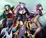  armor ass axe black_hair bodystocking book breasts camilla_(fire_emblem_if) cape cleavage detached_leggings fire_emblem fire_emblem:_kakusei fire_emblem:_souen_no_kiseki fire_emblem_if glowing glowing_weapon gradient gradient_background green_hair magic multiple_girls nintendo prague_(fire_emblem) purple_hair spear tharja weapon yomitrooper 