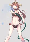  ahoge artist_name bikini brown_hair collarbone commentary_request feet_out_of_frame groin hair_ornament hairband headgear hose kantai_collection kongou_(kantai_collection) konkito legs_apart long_hair looking_at_viewer one_eye_closed open_mouth side-tie_bikini sketch solo spraying standing swimsuit twitter_username water 