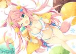  animal_ears bikini blush breasts cleavage fang food fox_ears fox_tail green_eyes hair_ornament ice_cream large_breasts long_hair looking_at_viewer navel nibiiro_shizuka one_eye_closed open_mouth original pink_hair smile solo swimsuit tail 