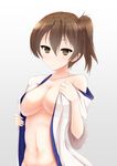  blush breasts brown_eyes brown_hair highres japanese_clothes kaga_(kantai_collection) kantai_collection large_breasts nitoridio open_clothes short_hair side_ponytail simple_background solo undressing 