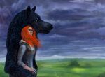  2005 ambiguous_gender anthro black_fur black_nose blue_eyes canine clothed clothing female fur goodwolf hair human looking_at_viewer mammal outside raining red_hair shirt sky traditional_media_(artwork) wolf yellow_eyes 