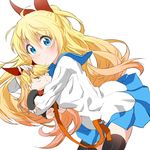  bad_id bad_pixiv_id black_legwear blonde_hair blue_eyes blue_skirt blush hair_ribbon highres kirisaki_chitoge long_hair looking_at_viewer nisekoi ribbon school_uniform serafuku simple_background skirt smile solo stuffed_animal stuffed_toy summons_(gina5213) thighhighs white_background 