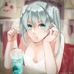  2015 aqua_eyes aqua_hair aqua_nails bad_id bad_pixiv_id bare_arms chromatic_aberration dated dress drink drinking_straw hanazono_nonoka hatsune_miku long_hair looking_at_viewer nail_polish polka_dot polka_dot_scrunchie pout scrunchie solo twintails upper_body vocaloid 