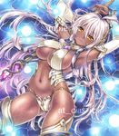  artist_name at_classics bikini breasts dark_elf detached_sleeves elf large_breasts long_hair looking_at_viewer lying marker_(medium) midriff navel no_pupils on_back original pointy_ears sample silver_hair solo staff swimsuit thighhighs traditional_media underboob very_long_hair yellow_eyes 