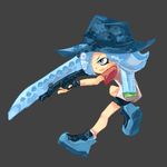  alternate_costume bad_id bad_pixiv_id big_hat bike_shorts blue_eyes blue_hair commentary cowboy_hat fingerless_gloves gloves hat ink_tank_(splatoon) mona_(monaka) no_mask octarian octoling shoes sneakers solo splatoon_(series) splatoon_1 sword tentacle_hair weapon 