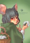  :t animal_ears blush eating food food_on_face full_mouth grey_hair highres mouse_ears mouse_tail nanashi_(otaku_rock_n_roll) nazrin onigiri red_eyes rice rice_on_face short_hair solo tail touhou 