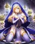  alternate_color aqua_eyes blonde_hair breasts censer esha highres jewelry long_hair medium_breasts nun official_art one_eye_closed original smile solo tenkuu_no_crystalia thighhighs veil 