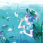  air_bubble backpack bad_id bad_twitter_id bag blue_eyes blue_hair bubble hair_bobbles hair_ornament hat kappa kawashiro_nitori nr_(cmnrr) profile shirt short_hair short_sleeves sitting skirt skirt_set solo submerged touhou twintails two_side_up underwater vest 