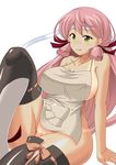  :p akashi_(kantai_collection) apron bandana blush breasts green_eyes hair_ribbon highres jewelry kantai_collection large_breasts long_hair looking_at_viewer naked_apron pink_hair pussy_peek ribbon ring smile solo tan tanline thighhighs tongue tongue_out tress_ribbon wedding_band yohinori 