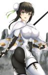  artist_request ass black_hair blush bodysuit breasts bun_cover cape chinese_clothes double_bun fate/grand_order fate_(series) fingerless_gloves gloves green_eyes large_breasts looking_at_viewer looking_back ninja open_mouth pants polearm qin_liangyu_(fate) shiny shiny_clothes shiny_hair short_hair_with_long_locks skin_tight smile solo spear tight tight_pants weapon 