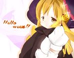  blonde_hair cloak commentary_request drill_hair english food_themed_hair_ornament hair_ornament halloween hat highres kura_tsuguru_yomi long_hair looking_at_viewer looking_back magical_girl mahou_shoujo_madoka_magica puffy_short_sleeves puffy_sleeves pumpkin pumpkin_hair_ornament scarf short_sleeves simple_background smile solo standing tomoe_mami twin_drills twintails upper_body white_background yellow_eyes 
