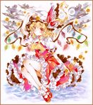  blonde_hair cloud colored_pencil_(medium) crescent_moon flandre_scarlet frilled_skirt frills hat hat_ribbon marker_(medium) mary_janes mob_cap moon potto puffy_short_sleeves puffy_sleeves red_eyes ribbon shirt shoes short_hair short_sleeves side_ponytail skirt star touhou traditional_media vest wings 