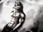  2015 abs biceps canine clothed clothing fur half-dressed male mammal muscles nipples pecs scar sky_(artist) wolf 