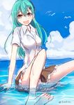  aqua_hair artist_name bird blush cloud cloudy_sky commentary_request day hair_ornament hairclip kantai_collection konkito long_hair ocean open_mouth panties partially_submerged pink_panties seagull shirt skirt sky solo suzuya_(kantai_collection) underwear wet white_shirt 