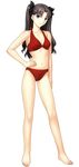  absurdres bikini black_ribbon blue_eyes breasts brown_hair covered_nipples fate/stay_night fate_(series) full_body hand_on_hip highres looking_at_viewer navel official_art red_bikini ribbon small_breasts smile solo swimsuit takeuchi_takashi toosaka_rin transparent_background two_side_up 