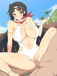  1boy 1girl black_hair breasts censored jasmine_(senran_kagura) large_breasts long_hair senran_kagura sex sitting sky smile yaomai 