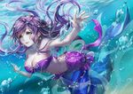  air_bubble ao+beni bare_arms bikini_top breasts bubble cleavage earrings green_eyes hair_ornament jewelry large_breasts long_hair love_live! love_live!_school_idol_project mermaid mermaid_costume midriff monster_girl monsterification navel purple_hair solo submerged swimsuit toujou_nozomi underwater 
