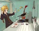  akahane_daisuke bad_id bad_pixiv_id blonde_hair cooking frying_pan highres magic original sketch smile solo witch 