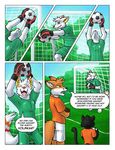  black_fur canine cat comic embarrassed feline fluffy_tail football fox fur goalkeeper goalkeeper_gloves grass happy humor jersey mammal net orange_eyes orange_fur orange_nose sky soccer soccer_ball sport stripes thekc volskar white_fur wolf young 