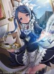  1girl blue_eyes blue_hair blue_sky candle closed_mouth cloud company_name copyright_name cup fire_emblem fire_emblem_cipher fire_emblem_if flora_(fire_emblem_if) gem holding holding_plate juliet_sleeves kei_s01 long_sleeves maid maid_headdress mountain nintendo official_art open_window plate puffy_sleeves sky smile solo teacup teapot thighhighs twintails window zettai_ryouiki 