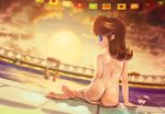  ass barefoot black-rayal blue_eyes brown_hair freckles from_behind gradient gradient_background looking_at_viewer looking_back multiple_girls nintendo nude pool princess_daisy princess_peach rosalina_(mario) rosetta_(mario) sitting soles sun sunset super_mario_bros. super_mario_galaxy super_mario_land 