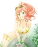  adapted_costume anna_(fire_emblem) bikini breasts cleavage collarbone eyewear_on_head fire_emblem fire_emblem:_kakusei flower grin hibiscus leaf long_hair looking_at_viewer medium_breasts red_eyes red_hair ribbon side-tie_bikini smile striped striped_ribbon sunglasses swimsuit tuqi_pix yellow_bikini 