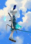  black_hairband bloomers blue_eyes blue_sky bow bowtie cloud day full_body hairband hitodama katana konpaku_youmu konpaku_youmu_(ghost) looking_down mary_janes petals profile puffy_sleeves seeker shirt shoes short_hair short_sleeves silver_hair skirt skirt_set sky socks solo sword touhou underwear vest weapon white_legwear 