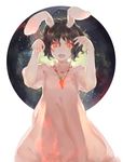  animal_ears black_hair bunny_ears carrot dress glowing glowing_eyes highres inaba_tewi jewelry looking_at_viewer necklace open_mouth pink_dress puffy_sleeves red_eyes see-through_silhouette shinigami_(pixiv4727902) short_hair short_sleeves smile solo touhou 