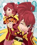  ;) ;p anna_(fire_emblem) bangs belt cape collarbone cover cover_page doujin_cover fire_emblem fire_emblem:_kakusei hair_between_eyes holding_photo long_hair olivia_(fire_emblem) one_eye_closed photo_(object) ponytail red_eyes red_hair sairi_(fire_emblem) smile solo tongue tongue_out tuqi_pix upper_body 
