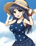  ahoge arms_up black_hair blue_swimsuit breasts brown_eyes cloud day don_(29219) hands_on_headwear hat kantai_collection large_breasts long_hair looking_at_viewer one-piece_swimsuit open_mouth polka_dot polka_dot_swimsuit remodel_(kantai_collection) ribbon scrunchie skirt sky smile solo swimsuit twitter_username ushio_(kantai_collection) wrist_scrunchie 