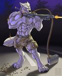  2015 abs arctic_wolf biceps big_bulge big_muscles canine clothed clothing fur gun half-dressed male mammal muscles pecs purple_eyes ranged_weapon vallhund weapon white_fur wolf 