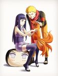  1girl :t artist_request bei_ju_luoxuan_wan blonde_hair eyes_closed fox gradient gradient_background hime_cut hyuuga_hinata hyuuga_neji kurama_(naruto) lavender_eyes multiple_tails naruto naruto:_the_last petting purple_hair sitting smile spiked_hair uzumaki_naruto whiskers yukkuri_shiteitte_ne 