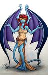  2014 anklet anthro armband belt breasts claws clothed clothing crown demona digitigrade ear_piercing female gargoyles hair jewelry lipstick piercing red_hair solo wide_hips wings y2hecate 