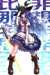  background_text blue_hair boots brown_footwear cross-laced_footwear dress food frilled_skirt frills fruit hair_over_one_eye hand_on_headwear hat hinanawi_tenshi knee_boots lace-up_boots layered_dress leaf long_hair looking_at_viewer messy_hair miata_(miata8674) peach planted_sword planted_weapon red_eyes short_sleeves skirt skirt_hold smile solo sword sword_of_hisou touhou weapon wind 