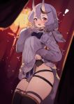  ! 1girl :d bangs black_choker black_hair blue_neckwear blurry blush bow bowtie breasts choker cowboy_shot depth_of_field fur_trim hair_between_eyes hair_ornament hair_over_shoulder hand_up highres hood hoodie legs_together long_hair long_sleeves looking_at_viewer low-tied_long_hair mole mole_on_thigh mole_under_mouth multicolored_hair nijisanji notice_lines oni_horns open_mouth pelvic_curtain pink_eyes pom_pom_(clothes) rindou_mikoto sh_(562835932) sidelocks sleeves_past_wrists smile solo standing streaked_hair sweatdrop thick_eyebrows thighs turtleneck virtual_youtuber white_hair 