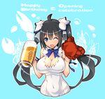  ;d alcohol beer beer_mug black_hair blue_background blue_eyes breasts cleavage covered_navel crab cup dungeon_ni_deai_wo_motomeru_no_wa_machigatteiru_darou_ka hair_ribbon happy_birthday hestia_(danmachi) holding holding_cup large_breasts long_hair looking_at_viewer one_eye_closed open_mouth ribbon sin6 smile solo twintails 