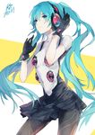  2015 absurdres alternate_costume aqua_eyes aqua_hair dated gloves hatsune_miku headphones highres long_hair messikid pantyhose parody persona persona_4:_dancing_all_night persona_dancing skirt solo twintails very_long_hair vocaloid 
