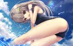  adjusting_hair bare_shoulders cloud day downscaled from_below hair_ribbon highres md5_mismatch missile228 one-piece_swimsuit original resized ribbon school_swimsuit sky smile solo splashing swimsuit wading water wet wet_clothes wet_swimsuit 