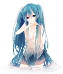  aqua_hair blue_eyes hatsune_miku highres long_hair looking_at_viewer md5_mismatch simple_background skirt sleeveless solo t_miyanagi twintails vocaloid wading wet wet_clothes white_background 