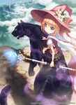  black_legwear blonde_hair blue_eyes cape character_request company_name copyright_name crystal fangs flower glowing glowing_eyes hat hat_flower highres kankurou lily_(flower) long_hair looking_at_viewer looking_back magic monster_collection official_art outdoors panther pleated_skirt ponytail puffy_short_sleeves puffy_sleeves riding shirt short_sleeves sitting skirt solo staff thighhighs weapon witch_hat 