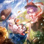  60mai album_cover analog_clock blue_hair blue_sky clock cloud cover cup dutch_angle food fruit gloves hat hinanawi_tenshi horizon long_hair multiple_girls nagae_iku pastry peach phonograph purple_hair red_eyes roman_numerals short_hair sky teacup tiered_tray touhou 