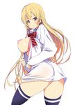  ass blonde_hair blush breasts gengoroh large_breasts long_hair looking_at_viewer looking_back nakiri_erina nipples purple_eyes shokugeki_no_souma solo thighhighs undressing very_long_hair 