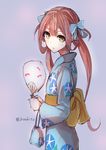  artist_name asagumo_(kantai_collection) brown_hair commentary_request fan green_eyes hair_ribbon hairband japanese_clothes kantai_collection kimono konkito long_hair looking_to_the_side open_mouth paper_fan ribbon solo twintails uchiwa yukata 