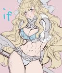  armor axe battle_axe blonde_hair blue_eyes blush bow breasts charlotte_(fire_emblem_if) cleavage copyright_name curvy fire_emblem fire_emblem_if hair_bow holding holding_axe holding_weapon large_breasts long_hair mayo_(dayo) pauldrons pink_background simple_background solo spikes toned very_long_hair wavy_hair weapon white_bow 